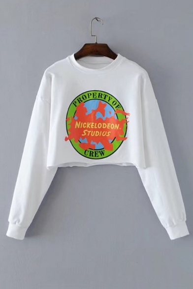 Earth Letter Graphic Print Round Neck Long Sleeve Cropped Sweatshirt