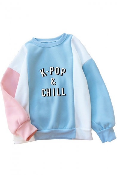 K-POP Letter Color Block Round Neck Long Sleeve Pullover Sweatshirt
