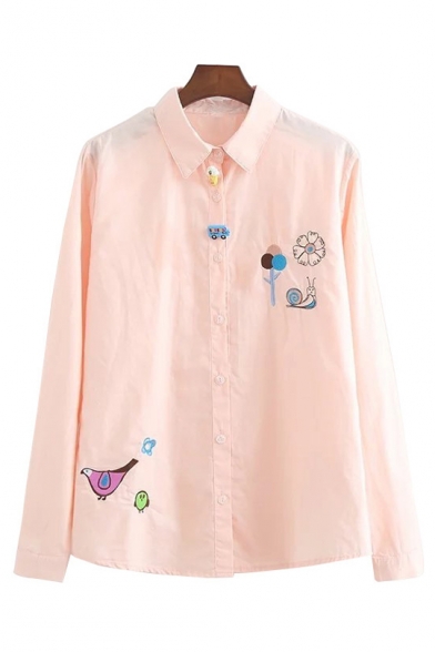Lapel Collar Snail Embroidered Button Front Long Sleeve Shirt