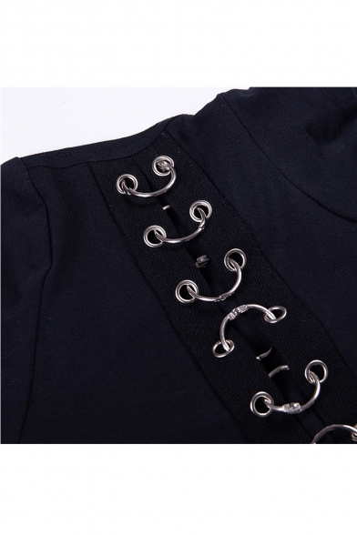 Mock Neck Long Sleeve Plain Metal Button Detail Slim Bodysuit