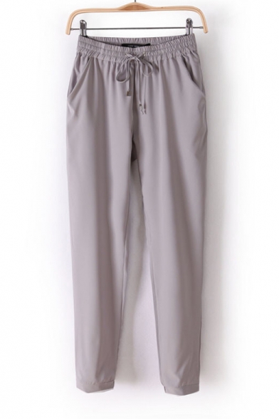 Office Lady Drawstring Waist Plain Cropped Tapered Pants