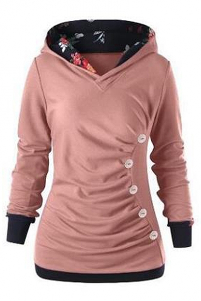 Pleated Detail Button Embellished Long Sleeve Hoodie