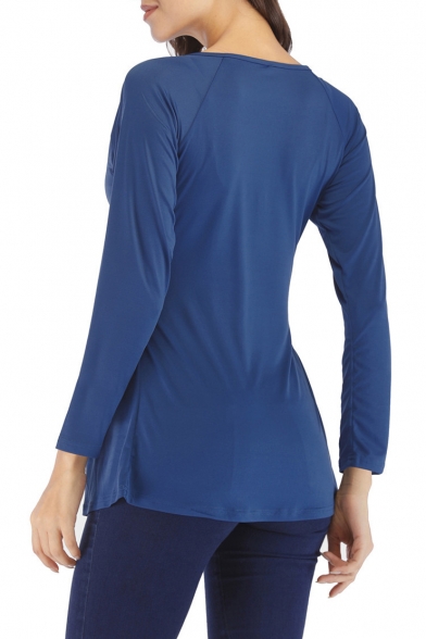 Pleated Detail V Neck Long Sleeve Plain Elegant T-Shirt for Woman