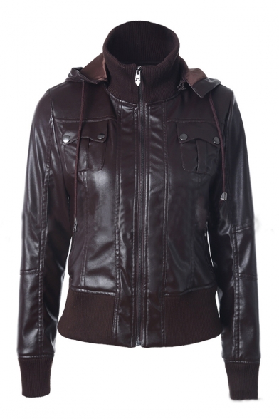 

Rib Knit Trim Panel Long Sleeve Zip Front Hooded Leather Jacket, Black;brown;apricot;coffee, LC487835