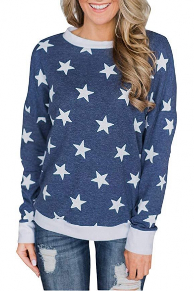 Star All Over Print Contrast Trim Round Neck Long Sleeve Sweatshirt