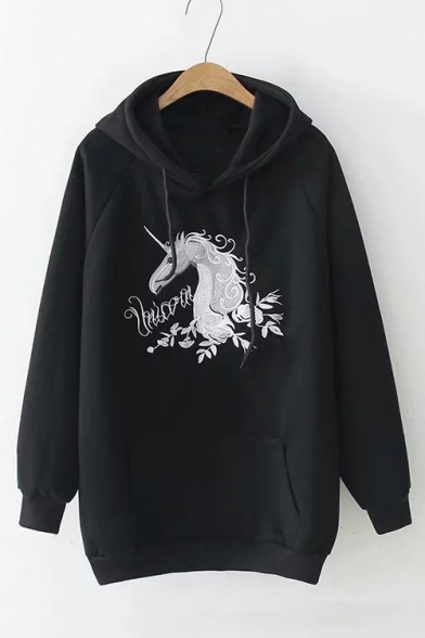 Unicorn Floral Embroidered Long Sleeve Casual Hoodie
