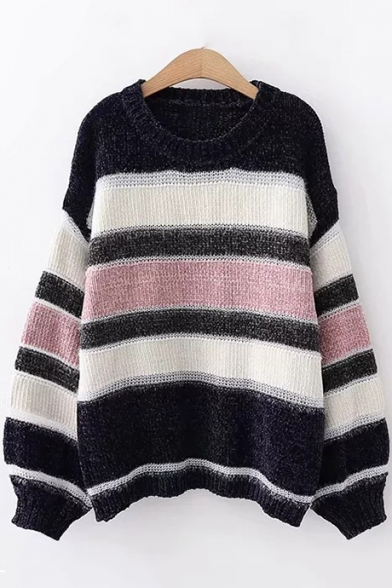 Vintage Color Block Striped Round Neck Long Sleeve Pullover Sweater