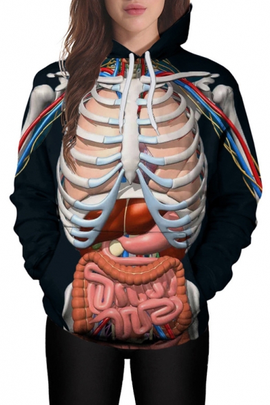 3D Skeleton Organ Printed Long Sleeve Casual Hoodie
