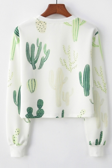 Cactus Print Round Neck Long Sleeve Cropped Sweatshirt