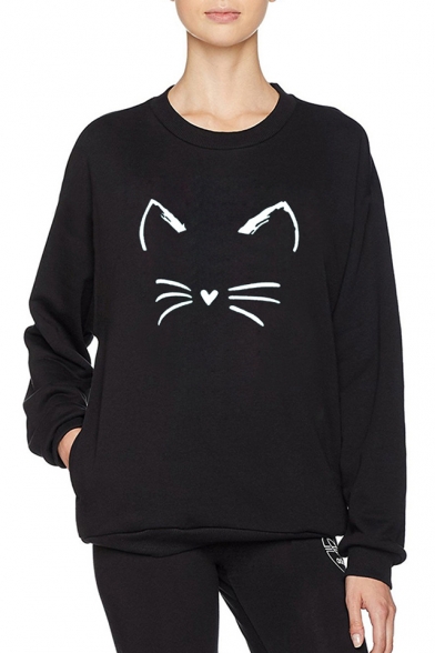 Casual Heart Cat Pattern Round Neck Long Sleeve Pullover Sweatshirt