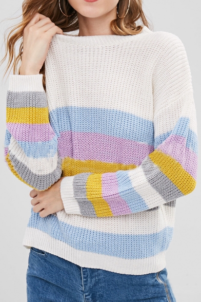 Color Block Round Neck Long Sleeve Casual Pullover Sweater