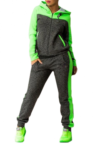 Color Block Zip Up Long Sleeve Hoodie with Casual Pants Sports Co-ords