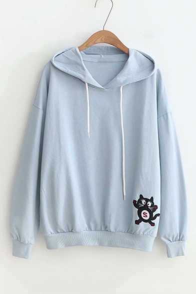 Comic Cat Embroidered Long Sleeve Casual Hoodie