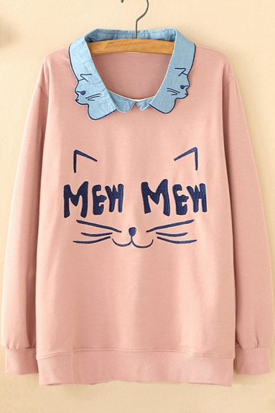 Contrast Lapel Collar MEW Letter Cat Embroidered Long Sleeve Pullover Sweatshirt