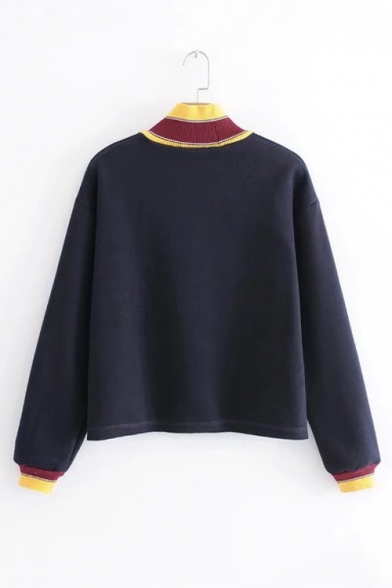 Contrast Rib Knit Trim Mock Neck Long Sleeve Casual Sweatshirt
