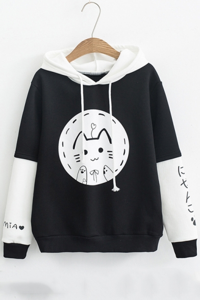 

Drawstring Hood Japanese Cat Print Color Block Long Sleeve Hoodie, LC487949, Black;white