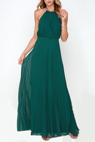 Elegant Halter Sleeveless Plain Pleated Maxi A-Line Dress