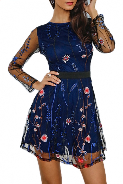 Floral Embroidered Mesh Patch Round Neck Long Sleeve Mini A-Line Dress