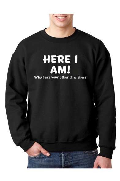 HERE I AM Letter Print Round Neck Long Sleeve Pullover Sweatshirt