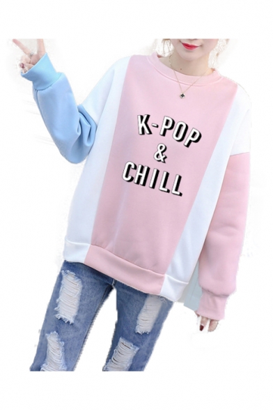 K-POP Letter Color Block Round Neck Long Sleeve Pullover Sweatshirt