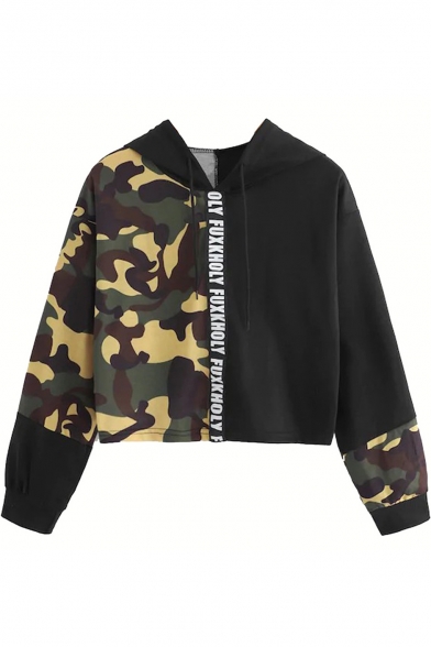 Letter Print Contrast Camouflage Panel Long Sleeve Cropped Hoodie