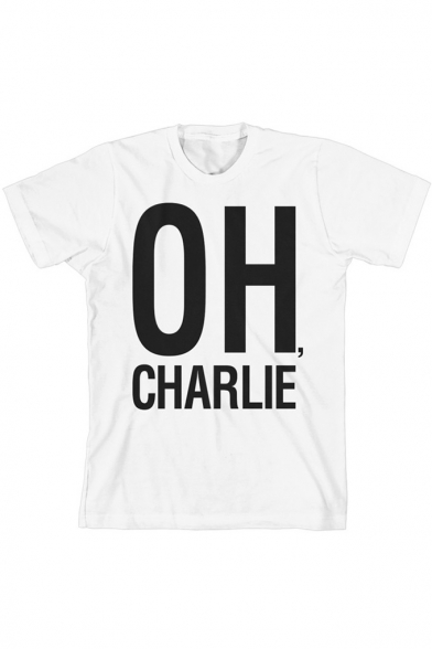 OH CHARLIE Letter Print Round Neck Short Sleeve T-Shirt
