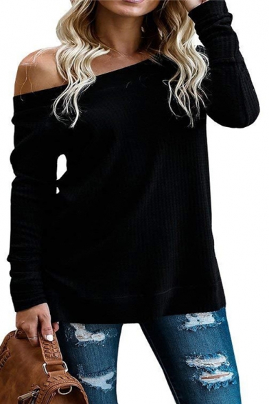 One Shoulder Long Sleeve Plain Split Side Sweater