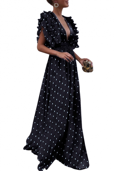 Ruffle Detail Polka Dot V neck Short Sleeve Maxi A-Line Dress