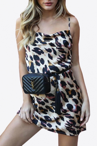 Sexy Leopard Print Spaghetti Straps Sleeveless Mini Cami Dress