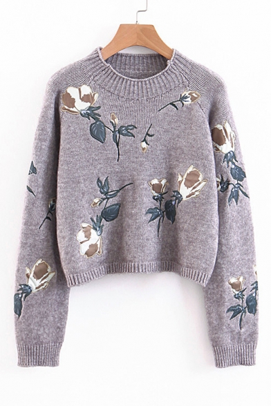 Stylish Floral Embroidered Round Neck Long Sleeve Pullover Sweater