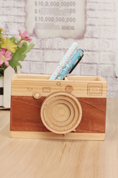 Vintage Camera Shape Wooden Pencil Container