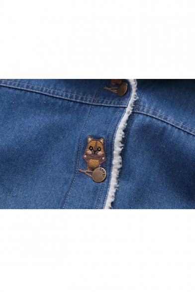 Bear Embroidered Button Placket Long Sleeve Sherpa Denim Hooded Coat