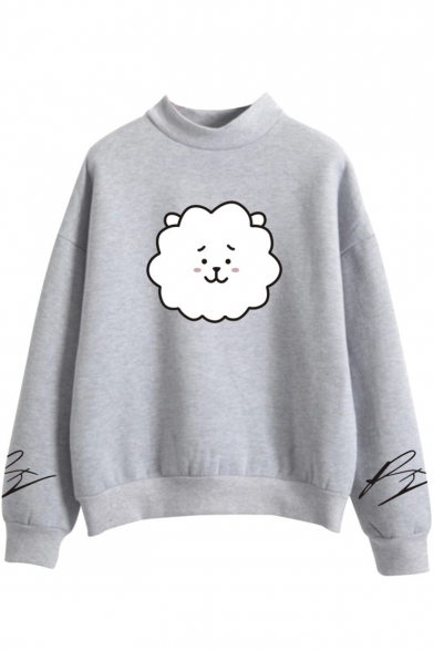 Korean Star Cartoon Sheep Print Mock Neck Long Sleeve Sweatshirt