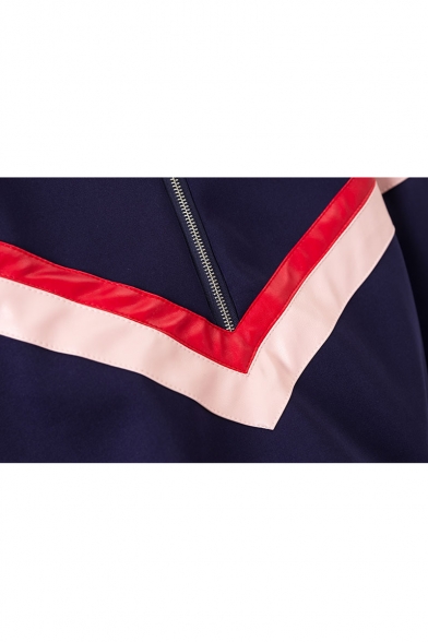Contrast Striped Leather Patchwork Half-Zip Stand Collar Long Sleeve Sweatshirt