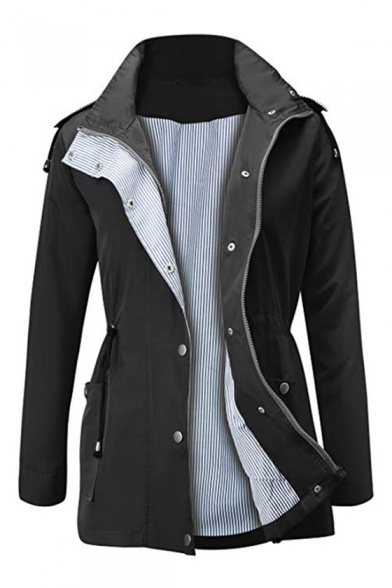 Drawstring Waist Plain Long Sleeve Zip Placket Waterproof Hooded Coat