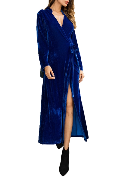 Elegant Velvet V Neck Plain Long Sleeve Split Front Maxi Wrap Dress