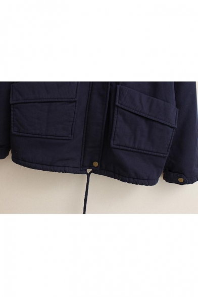 Faux Fur Lined Plain Long Sleeve Zip Placket Hooded Jacket