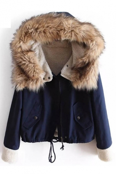 Faux Fur Trim Hood Long Sleeve Zip Placket Drawstring Hem Hooded Jacket