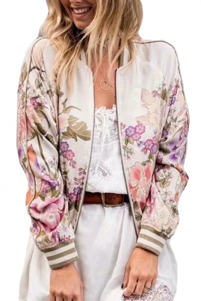 Floral Print Contrast Striped Trim Stand Collar Raglan Long Sleeve Zip Up Jacket