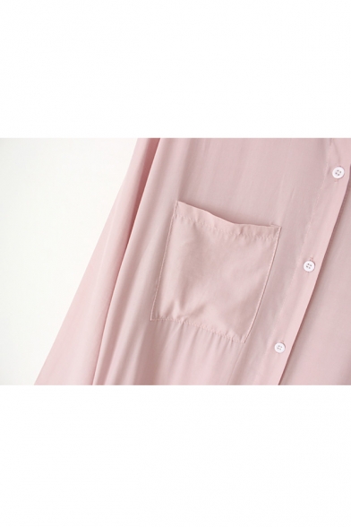 Lapel Collar Button Placket Long Sleeve Plain Split Side Maxi Shirt Dress