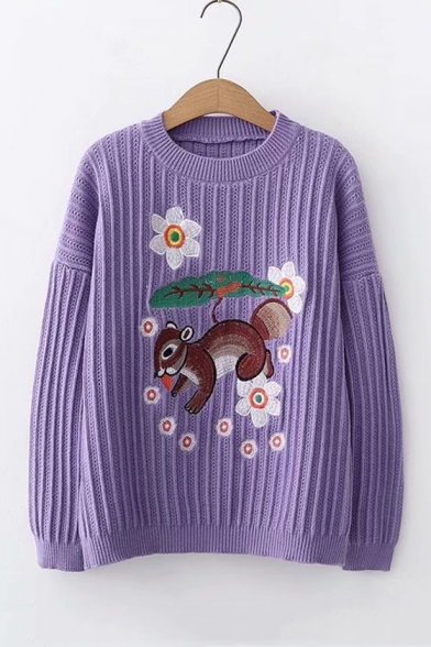 Squirrel Floral Embroidered Round Neck Long Sleeve Sweater