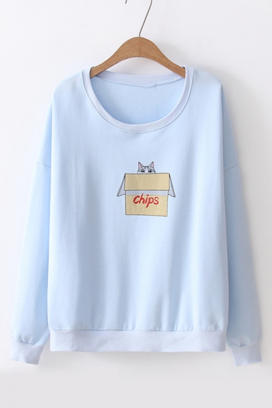 Cat Box Print Round Neck Long Sleeve Pullover Sweatshirt