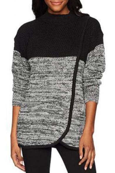 Color Block Patchwork Long Sleeve Mock Neck Asymmetric Hem Sweater