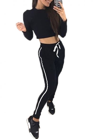 Contrast Striped Side Round Neck Long Sleeve Crop Top with Slim Pants Co-ords