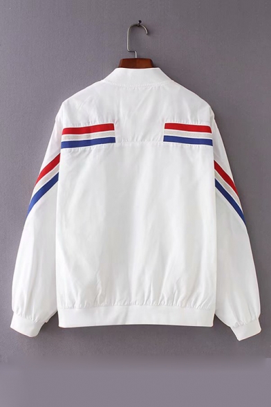 Contrast Striped Trim Patch Stand Collar Long Sleeve Zip Up Baseball Jacket