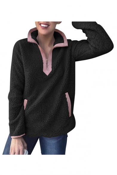 Contrast Trim Stand Collar Long Sleeve Plush Half-Zip Sweatshirt