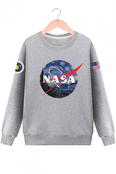 Drawing NASA Letter Print Round Neck Long Sleeve Unisex Sweatshirt