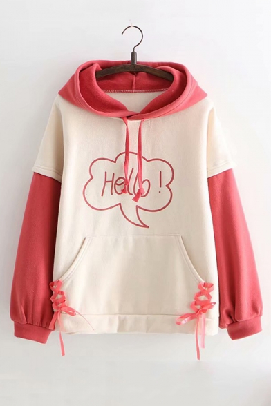 HELLO Letter Print Lace Up Detail Color Block Long Sleeve Hoodie