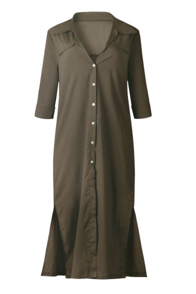 Lapel Collar Long Sleeve Plain Split Side Button Front Maxi Shirt Dress