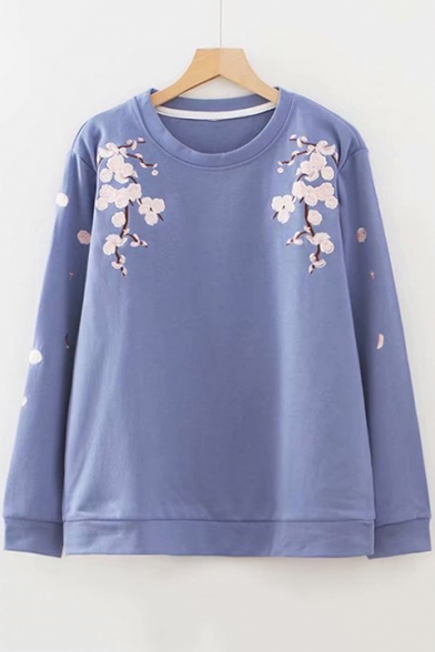 Loose Floral Embroidered Round Neck Long Sleeve Pullover Sweatshirt